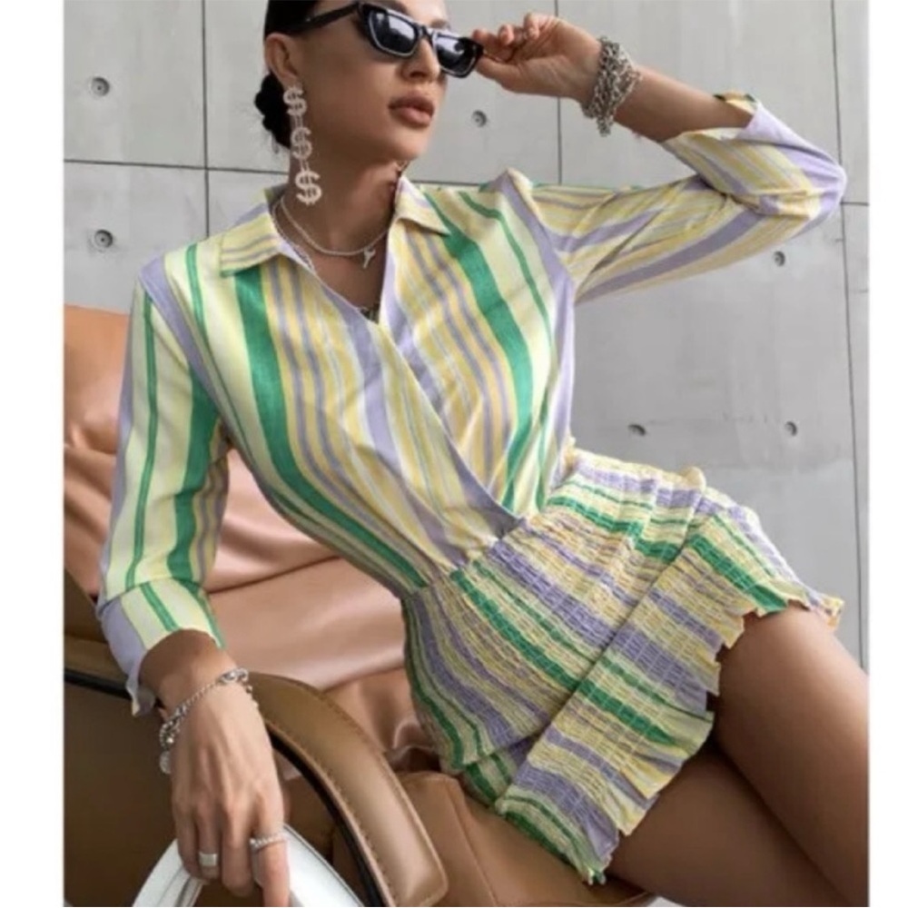 Zara The Valery Smocked Yellow Green Striped Mini Dress S